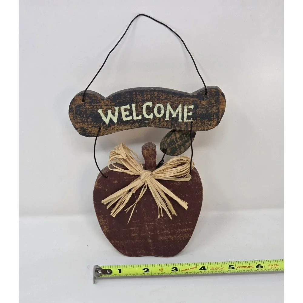 Primitive Country Wood Apple Welcome Sign Distressed Red Raffia Bow Farmhouse